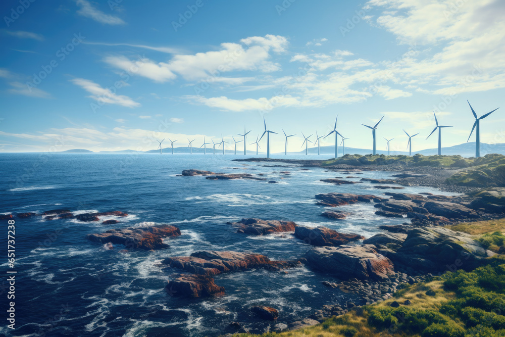 Fototapeta premium An offshore wind farm with sleek, high-tech wind turbines capturing energy from the sea breeze. Generative Ai.