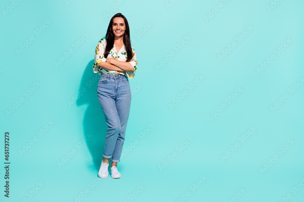 Full length photo of cute cheerful girl with straight hairdo wear stylish shirt standing arms folded isolated on teal color background Full length photo of cute cheerful girl with straight hairdo wear stylish shirt standing arms folded isolated on teal color background