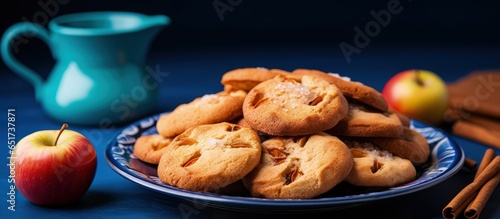 Apple cookies displayed on blue dish amidst brown backdrop