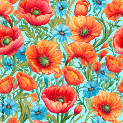 Vibrant poppy flowers in a repeating  seamless pattern, AI Generated © MSHAHID