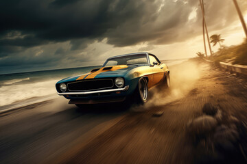 A classic sports car driving on the road, AI generated