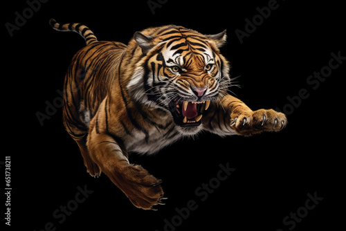 Tiger in a jump with an open mouth and sharp teeth in full height isolated on a black background. Dangerous, angry tiger photo