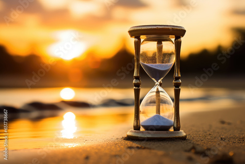 A glass hourglass is keeping time and is placed on a beautiful beach at sunset