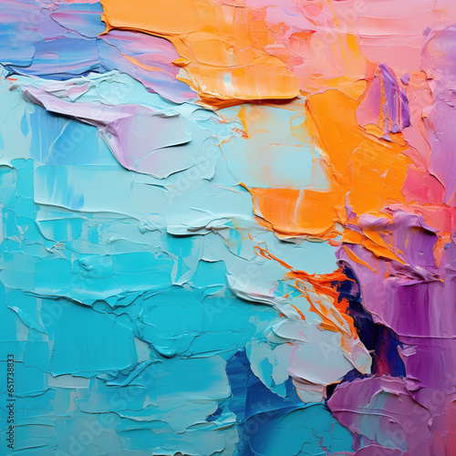 Painting wall,vibrant impasto brushstrokes, light aquamarine and orange,use of palette knives, light cyan and magenta, geological forms, post - impressionist color, three - dimensional effects.  photo