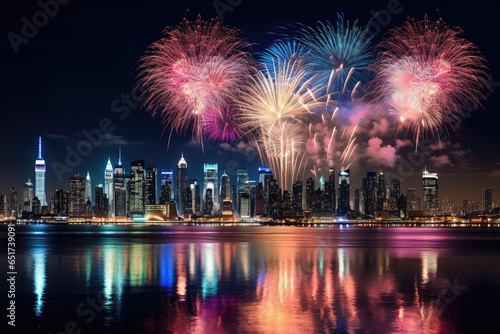 Fireworks are being set off on the lakeside, a modern big city is celebrating the new year © evening_tao