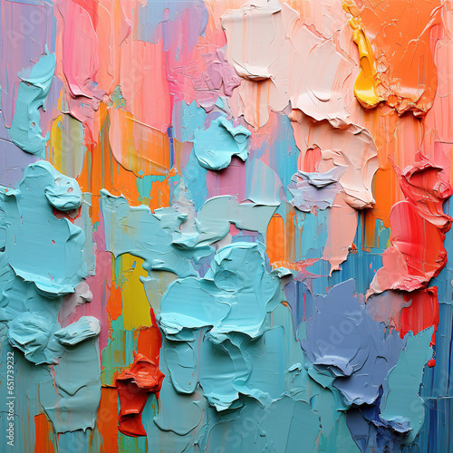 Painting wall,vibrant impasto brushstrokes, light aquamarine and orange,use of palette knives, light cyan and magenta, geological forms, post - impressionist color, three - dimensional effects.  photo