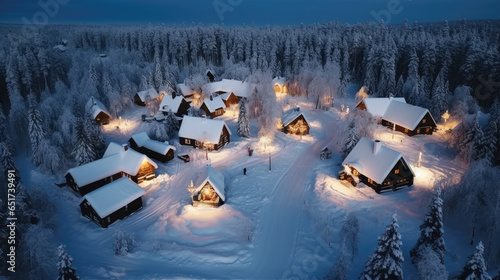 Aerial photography of a beautiful snow covered village in winter evening © evening_tao