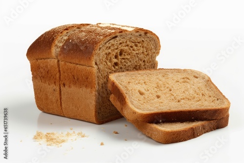 A few slices of cut bread in front of a white background