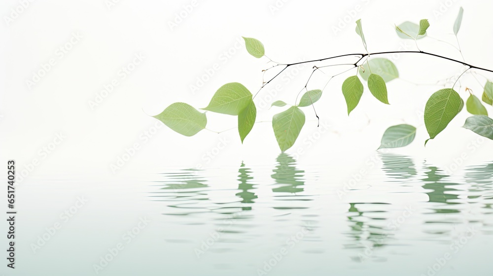 Obraz premium isolated leaves reflections on calm water with white background and copy space