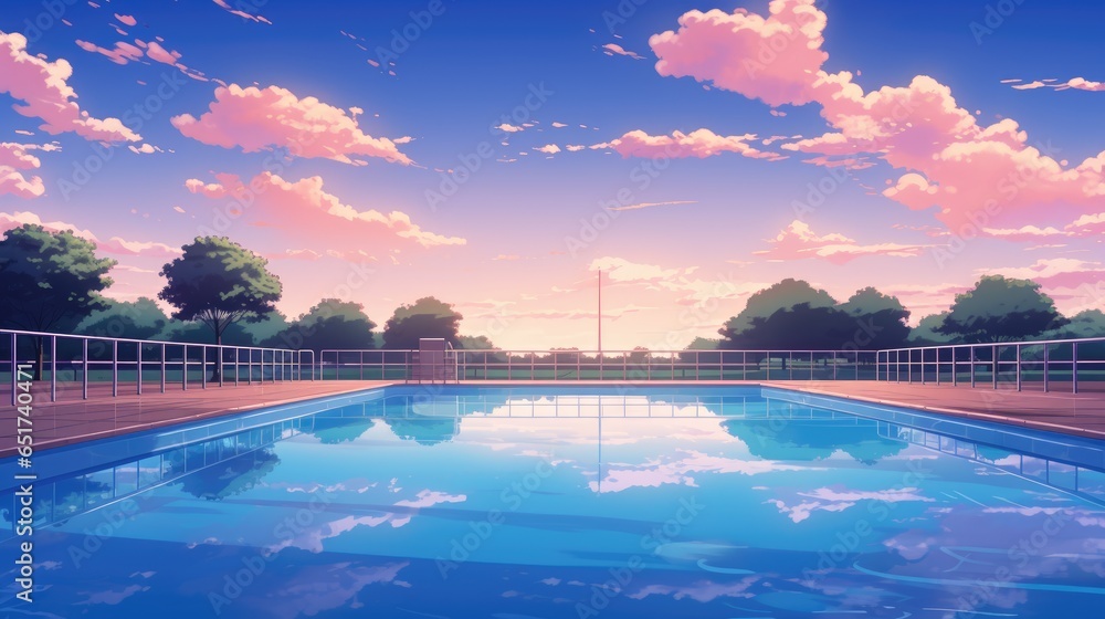 Anime style illustration of an peaceful outdoor swimming pool