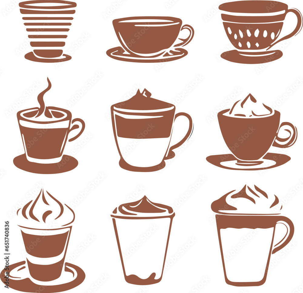 Vector illustration, icon set of nine different cups of coffee isolated on a white background. Pixel perfect icon Vector illustration, icon set of nine different cups of coffee isolated on a white background. Pixel perfect icon