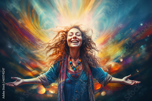 Hippie woman in ecstasy, cosmic ethereal trance - Conceptual illustration, mystical emotion, intense feeling, psychedelic trip, divine grace, spiritual awakening photo