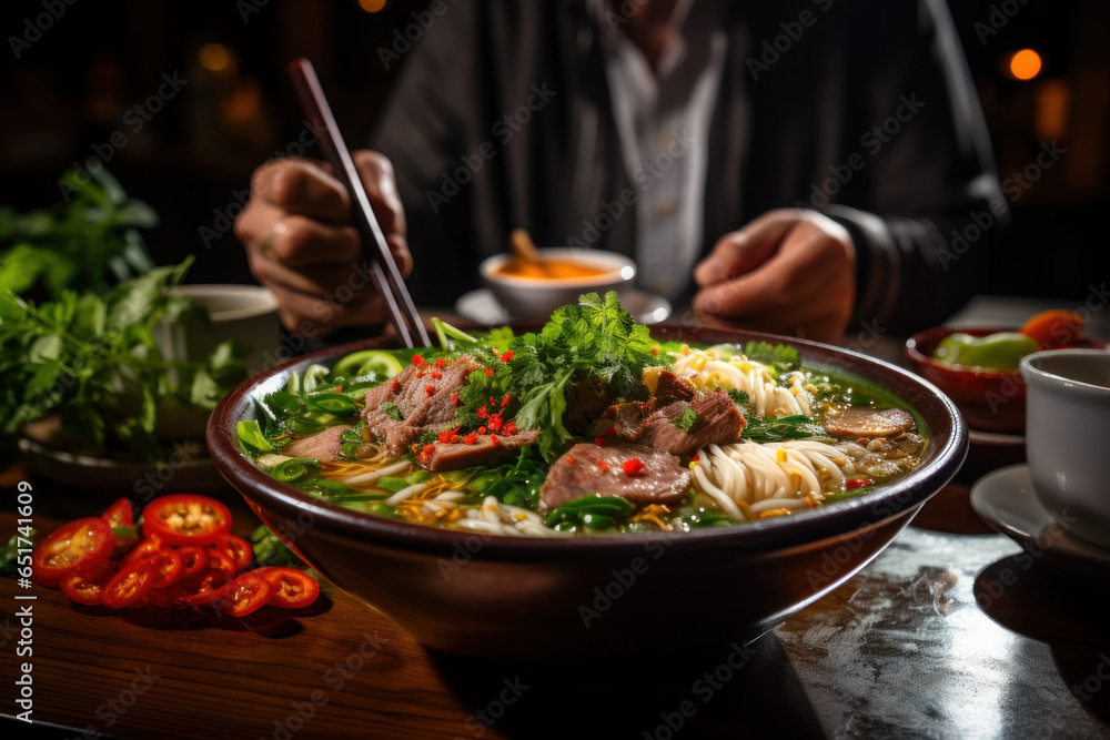 A person enjoying a bowl of pho at a Vietnamese restaurant, savoring the flavors of traditional Vietnamese cuisine. Generative Ai. A person enjoying a bowl of pho at a Vietnamese restaurant, savoring the flavors of traditional Vietnamese cuisine. Generative Ai.