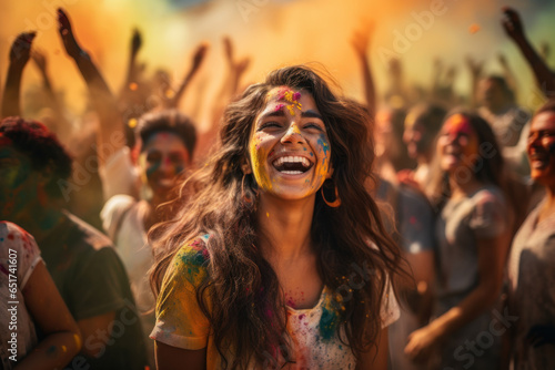 A colorful Indian Holi festival, where people celebrate with food, symbolizing the joyous nature of Indian culture. Generative Ai.