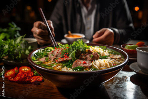 A person enjoying a bowl of pho at a Vietnamese restaurant  savoring the flavors of traditional Vietnamese cuisine. Generative Ai.