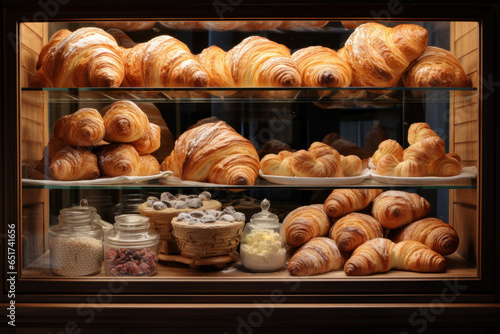 A French bakery display filled with freshly baked croissants and pastries, representing the love for baked goods in France. Generative Ai.