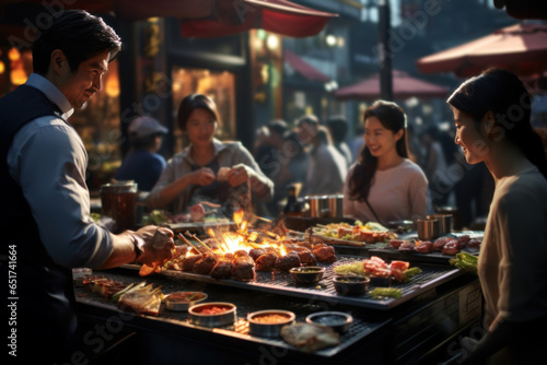 A Korean barbecue restaurant with diners grilling meat at the table  showcasing interactive dining experiences. Generative Ai.