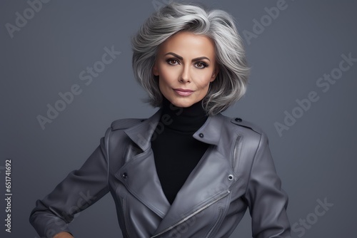 beautiful attractive elderly woman in stylish clothes and with hairstyle isolated on gray background