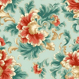 Rococo flower pattern red mint and golden colors seamless pattern, AI Generated