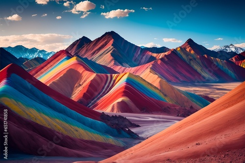 Award winning landscape photography of several rainbow mountains on the foreground and the sky in the background calm optimistic mood daylight in peru 8k HD 