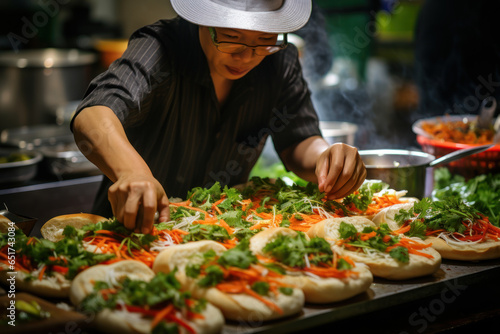 A Vietnamese street vendor preparing banh mi sandwiches, representing the popularity of street food worldwide. Generative Ai. © Sebastian
