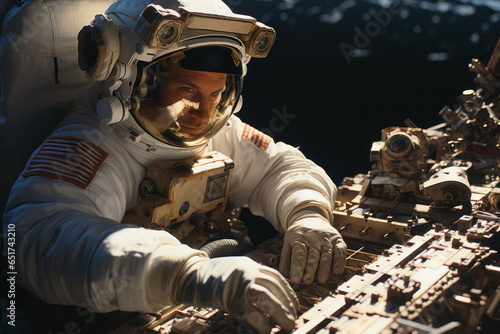 An astronaut on a spacewalk repairing the Hubble Space Telescope, showcasing humanity\'s efforts to explore and understand the universe. Generative Ai.