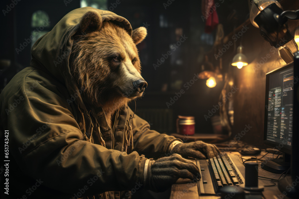A bear as a stock trader, monitoring the financial markets for investment opportunities. Generative Ai.
