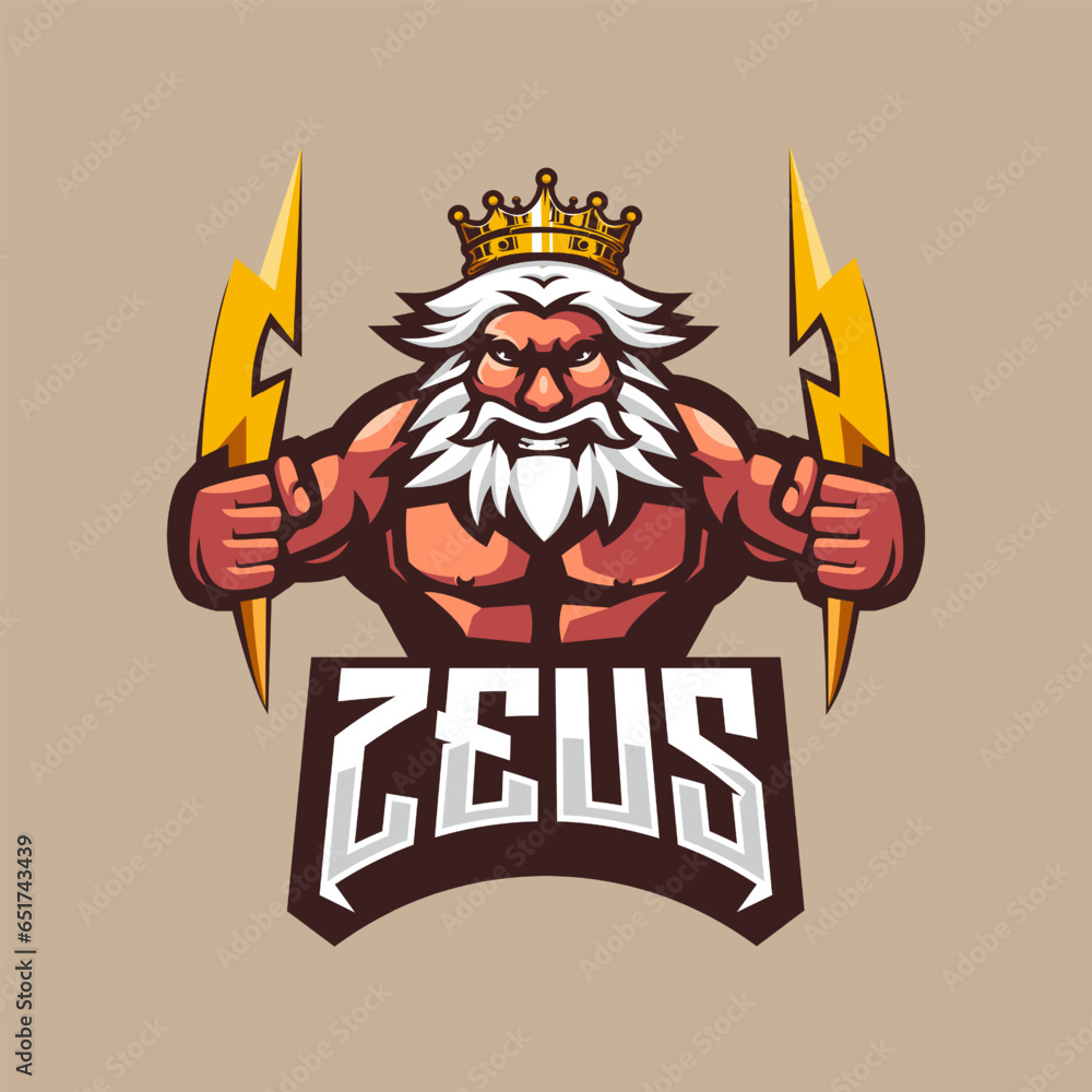 Zeus mascot logo. King holding Lightning 