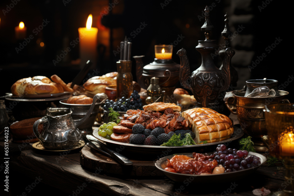 A medieval banquet table laden with roasted meats, goblets of mead, and a feast fit for a king. Generative Ai.