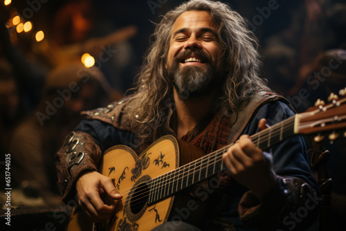 Fotografia A medieval troubadour strumming a lute and singing tales of chivalry and courtly love