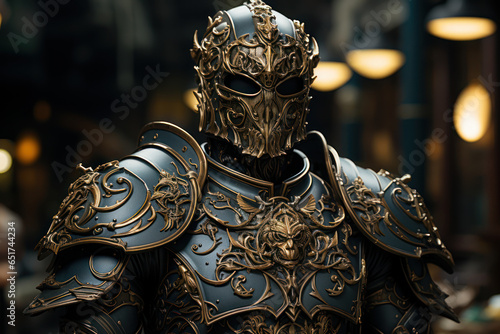 The ornate armor of a medieval king, adorned with intricate engravings and heraldic symbols. Generative Ai.