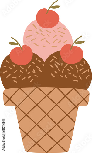 Strawberry and Chocolate Ice Cream Cone with Cherry