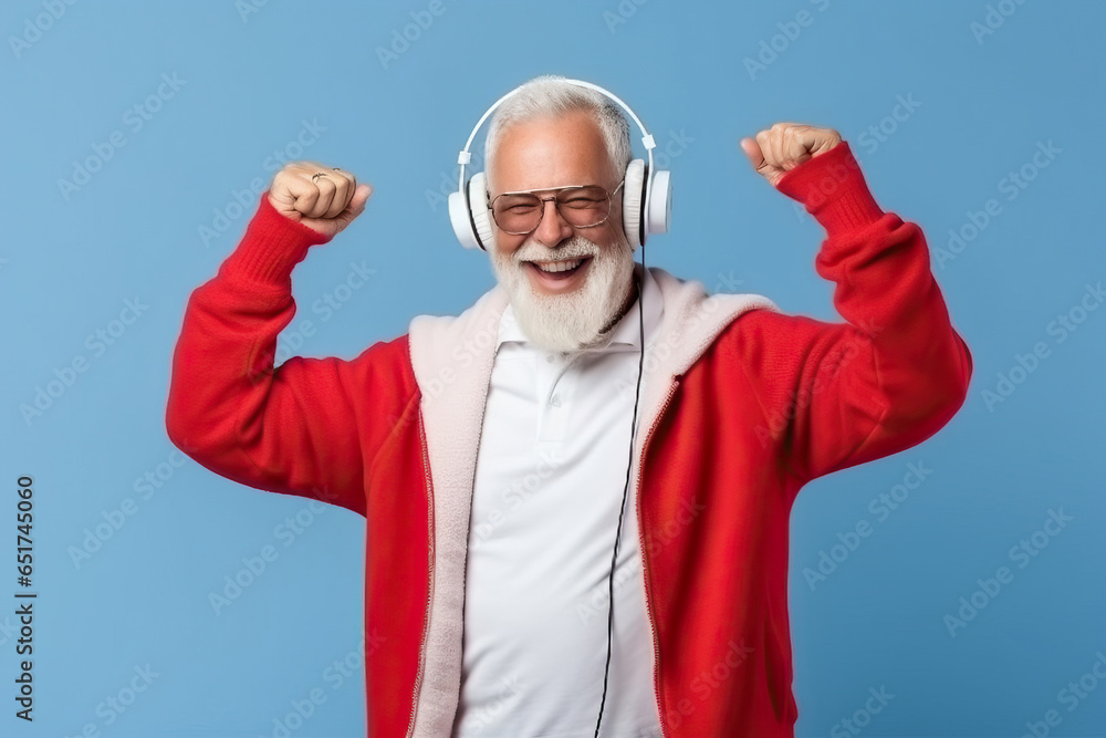 An elderly man enjoying Christmas music in his festive red jacket and headphones An elderly man enjoying Christmas music in his festive red jacket and headphones