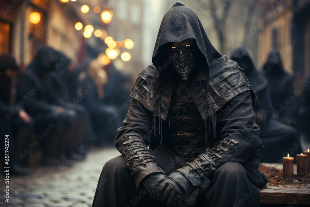 A medieval executioner clad in black, carrying out sentences in the town square. Generative Ai. A medieval executioner clad in black, carrying out sentences in the town square. Generative Ai.