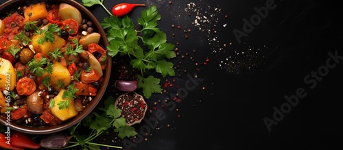 Healthy vegetable stew with fresh herbs viewed from above on a dark background with space to copy