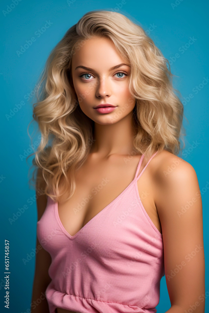 Close up studio portrait of a beautiful young blonde woman in a pink dress against a seamless blue background attractive model posing in studio young glamour model beauty and fashion shot Close up studio portrait of a beautiful young blonde woman in a pink dress against a seamless blue background attractive model posing in studio young glamour model beauty and fashion shot