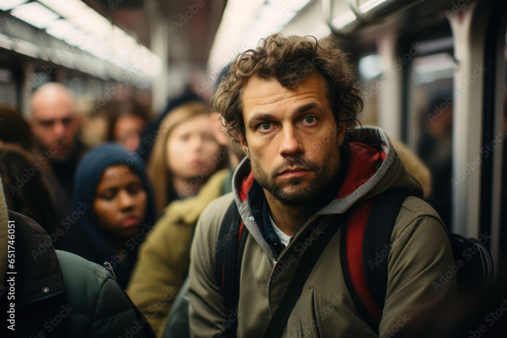 A crowded commuter train during rush hour, showcasing the importance of transportation in the workforce. Generative Ai. A crowded commuter train during rush hour, showcasing the importance of transportation in the workforce. Generative Ai.