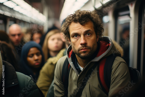 A crowded commuter train during rush hour, showcasing the importance of transportation in the workforce. Generative Ai.