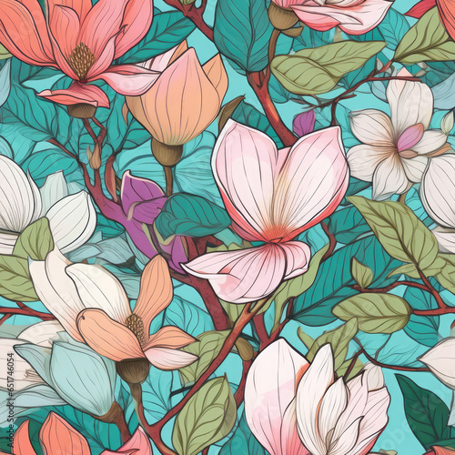 Magnolia blooms surrounded by intricate mehndi seamless pattern  AI Generated