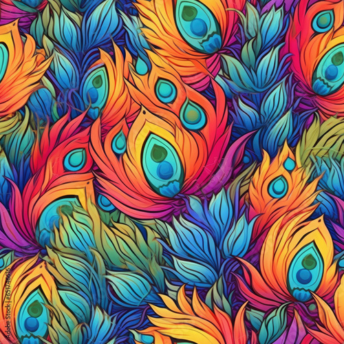 Lotus peacock feather motif seamless pattern  AI Generated