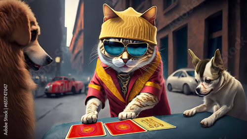 Hip hop cat duping naive dogs in game of chance on sketchy New York City street. Edited with generative AI generative AI tools.