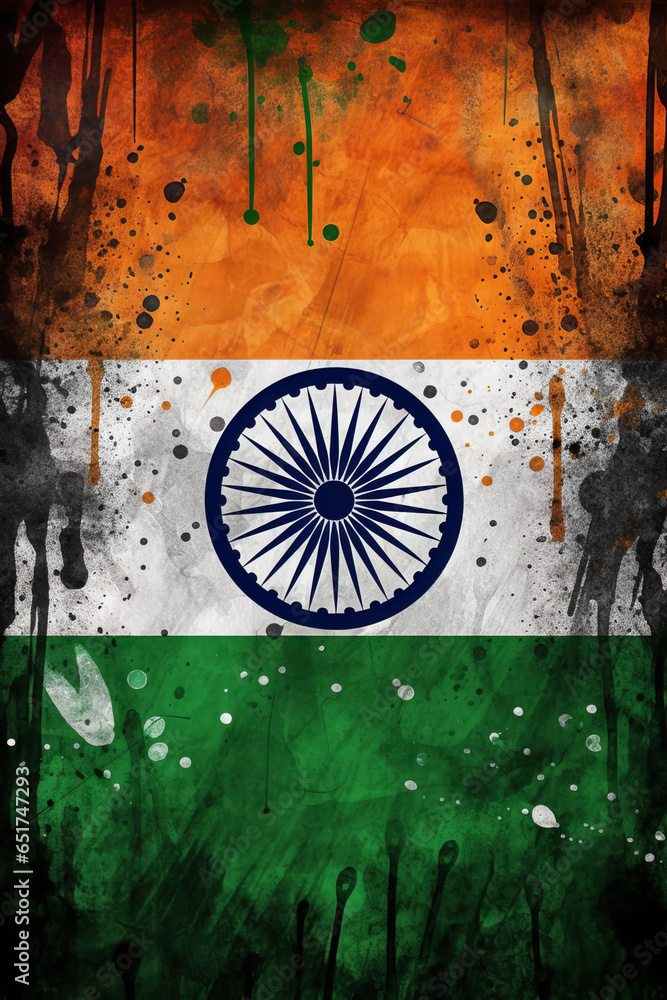 India flag Splash Ink art background with Victory symbol, Generative AI