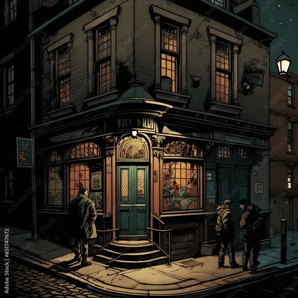 Obraz premium exterior a Dublin pub on a street corner at night people walking by comic book style highly detailed 