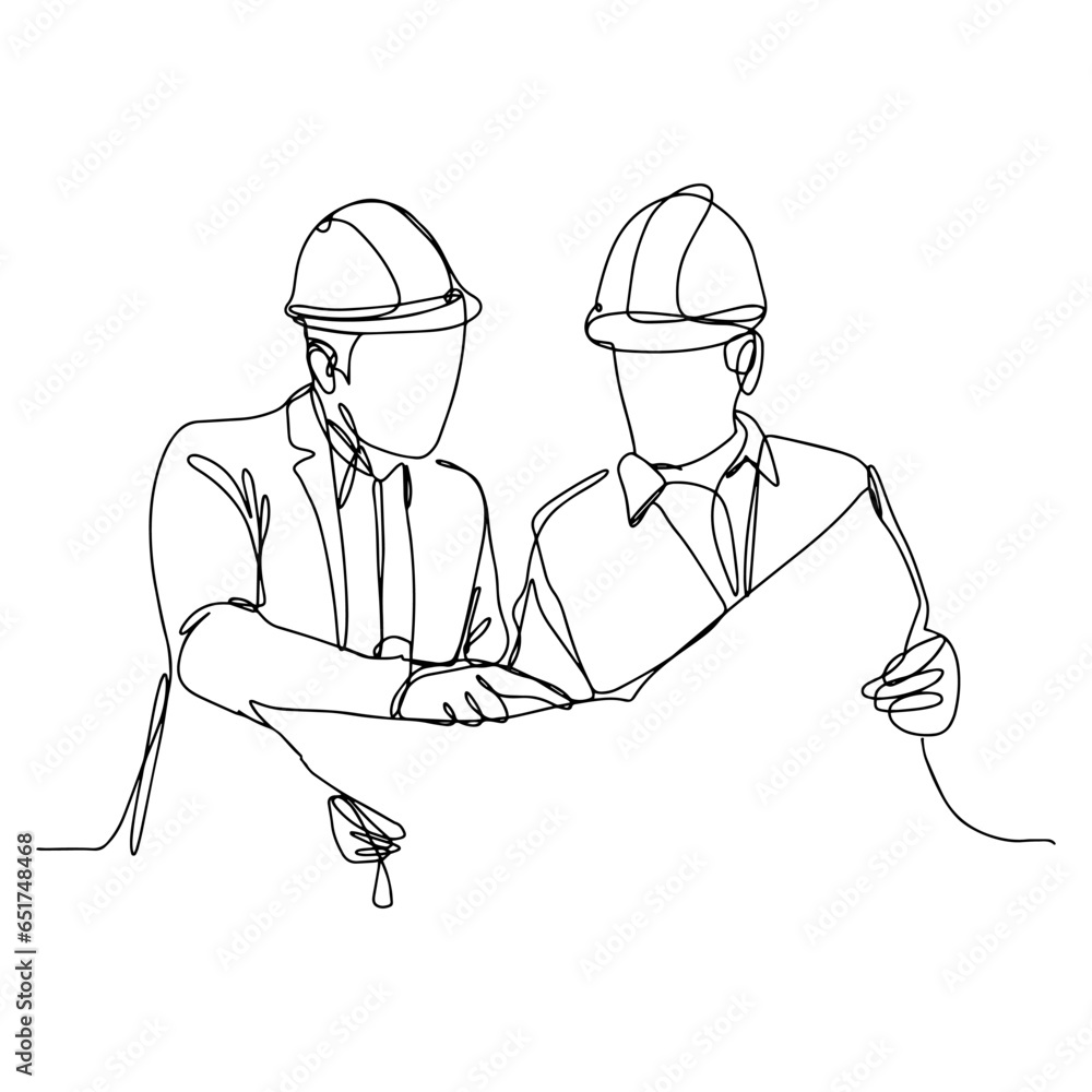 A single line illustration of two male architects, engineers or contractors talking about the project. Illustration with black line on isolated white background. A single line illustration of two male architects, engineers or contractors talking about the project. Illustration with black line on isolated white background.
