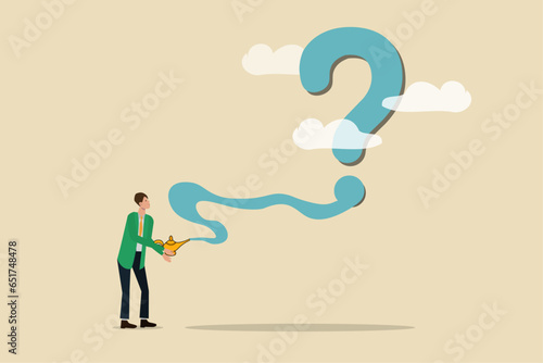 fog on the way, questioning scope, raising questions on the way, a businessman holding a business light in his hand and a big question mark has appeared in front of him.