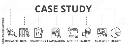 Case study web banner icon vector illustration concept with icon of research, data, conditions, examination, method, in-depth, analyzing, and result