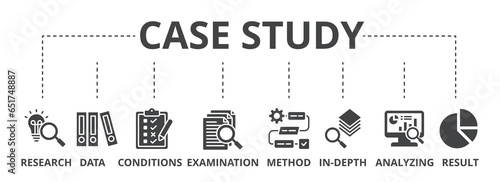 Case study web banner icon vector illustration concept with icon of research, data, conditions, examination, method, in-depth, analyzing, and result