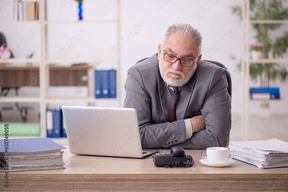 Old male employee working in the office Old male employee working in the office