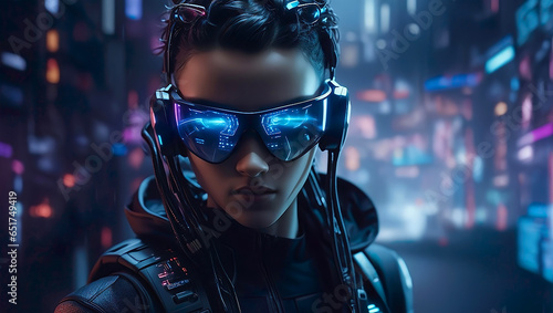 portrait of a beautiful cyberpunk girl in a futuristic cyber city 