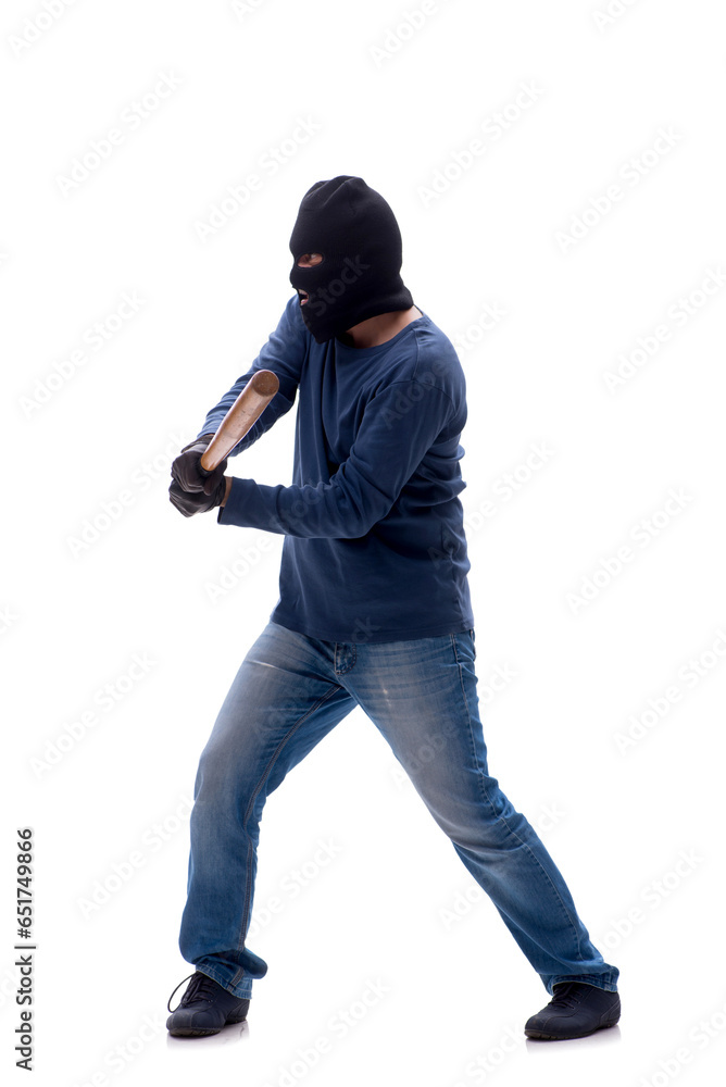 Young male burglar holding baseball bat isolated on white Young male burglar holding baseball bat isolated on white
